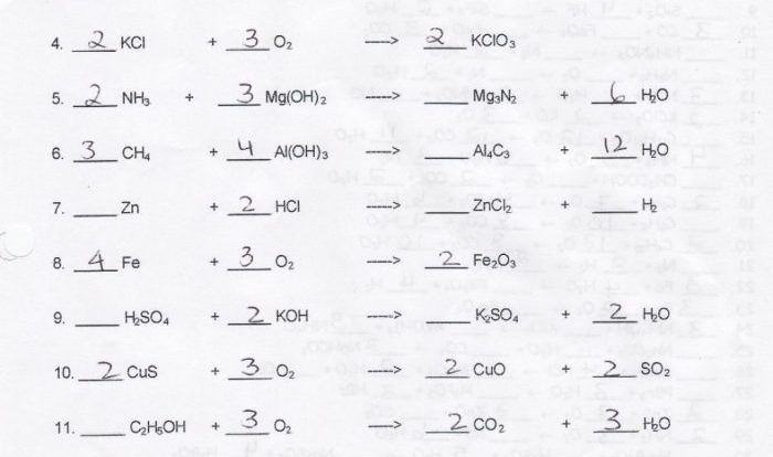 Balancing equations chemistry answer key